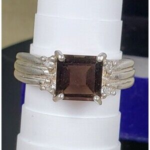 Vtg Smoky Quartz Ring Square Cut Accent Lab Diamonds Sz 8 Sterling Silver 925